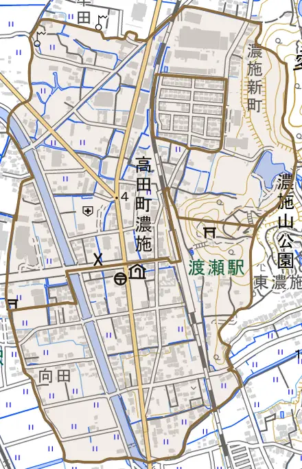 高田町濃施とその周辺の地図。町の範囲を重ねている