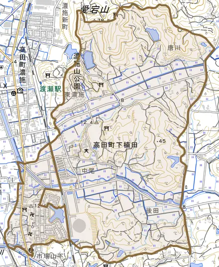 高田町下楠田とその周辺の地図。町の範囲を重ねている