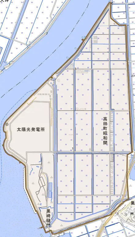 高田町昭和開とその周辺の地図。町の範囲を重ねている