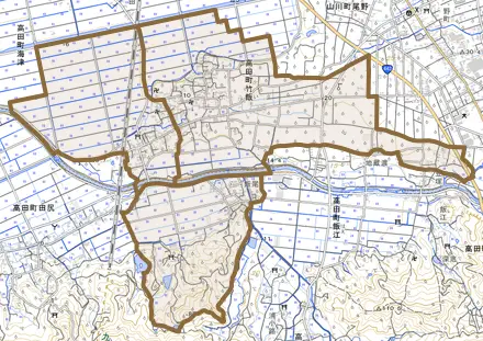 高田町竹飯とその周辺の地図。町の範囲を重ねている