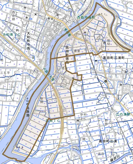 高田町徳島とその周辺の地図。町の範囲を重ねている