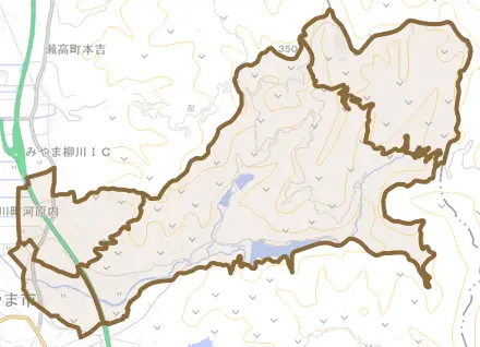 山川町河原内とその周辺の地図。町の範囲を重ねている