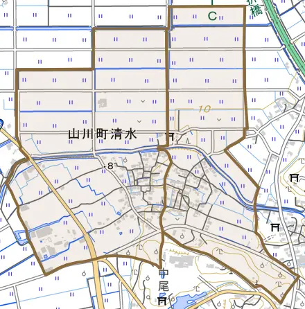 山川町清水とその周辺の地図。町の範囲を重ねている