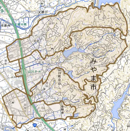 山川町立山とその周辺の地図。町の範囲を重ねている