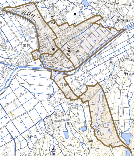 福丸とその周辺の地図。町の範囲を重ねている