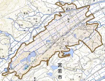 稲光とその周辺の地図。町の範囲を重ねている