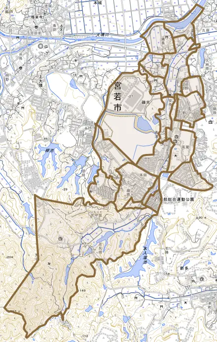 磯光とその周辺の地図。町の範囲を重ねている