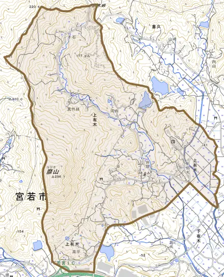 上有木とその周辺の地図。町の範囲を重ねている