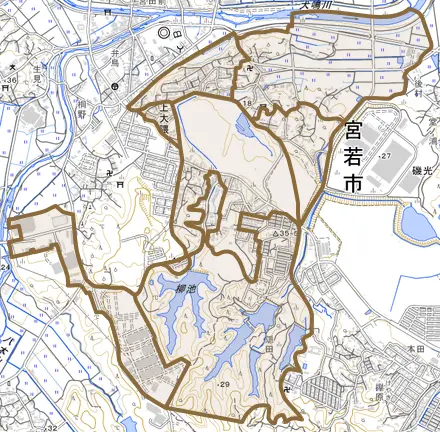 上大隈とその周辺の地図。町の範囲を重ねている