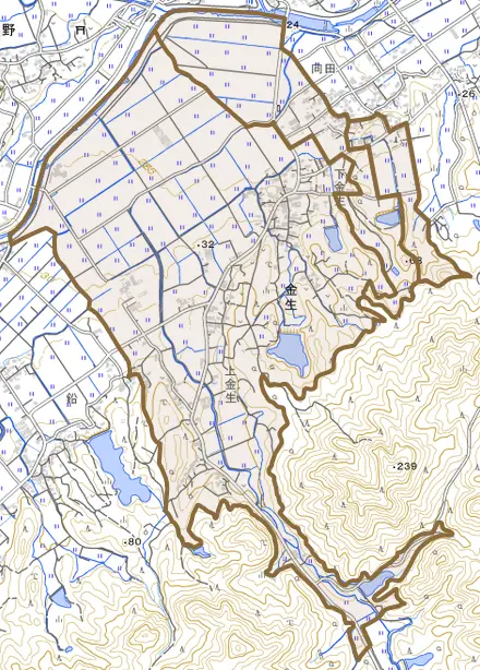 金生とその周辺の地図。町の範囲を重ねている