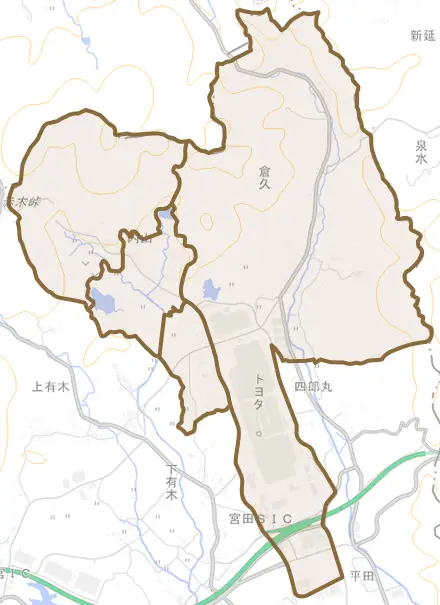 倉久とその周辺の地図。町の範囲を重ねている