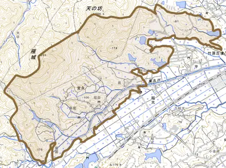 宮永とその周辺の地図。町の範囲を重ねている