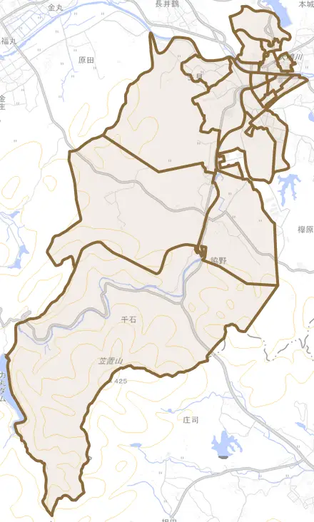 宮田とその周辺の地図。町の範囲を重ねている