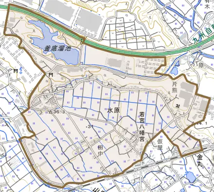 水原とその周辺の地図。町の範囲を重ねている