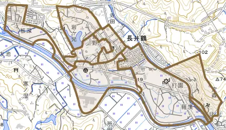 長井鶴とその周辺の地図。町の範囲を重ねている