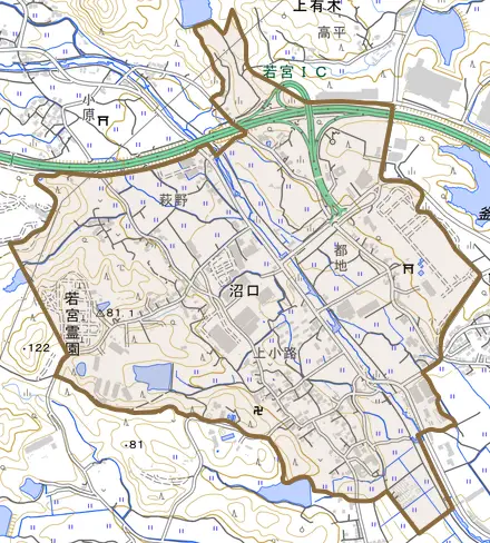 沼口とその周辺の地図。町の範囲を重ねている