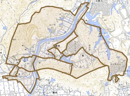 龍徳とその周辺の地図。町の範囲を重ねている