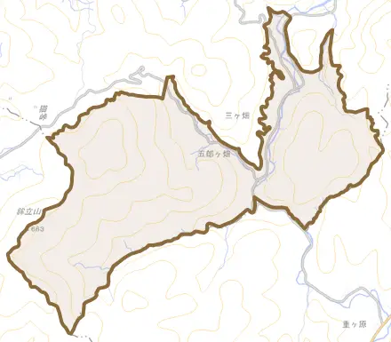 三ケ畑とその周辺の地図。町の範囲を重ねている
