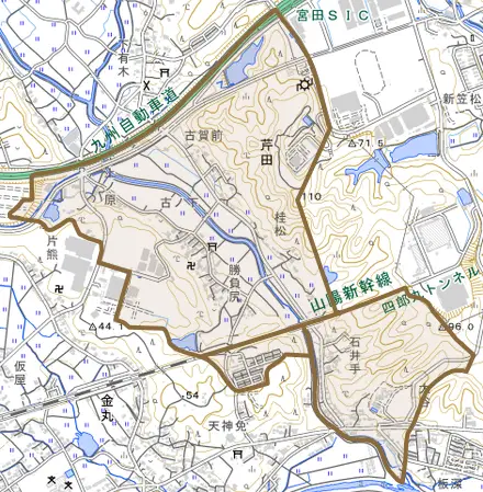 芹田とその周辺の地図。町の範囲を重ねている