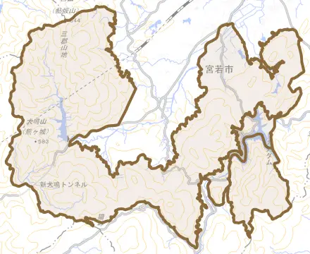 下とその周辺の地図。町の範囲を重ねている