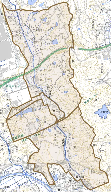 四郎丸とその周辺の地図。町の範囲を重ねている
