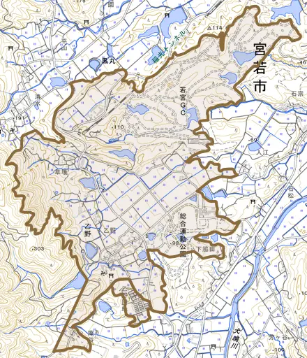乙野とその周辺の地図。町の範囲を重ねている