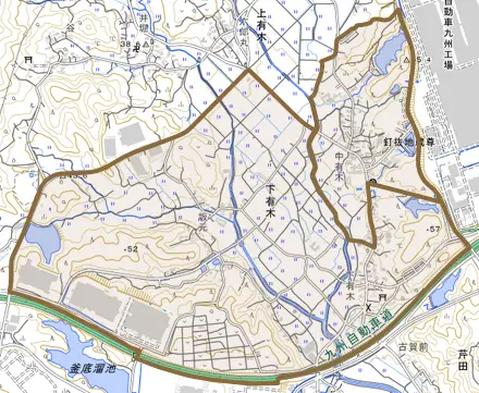 下有木とその周辺の地図。町の範囲を重ねている