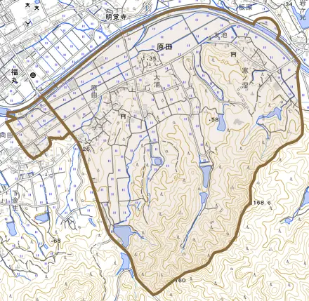 原田とその周辺の地図。町の範囲を重ねている