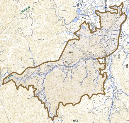 脇田とその周辺の地図。町の範囲を重ねている