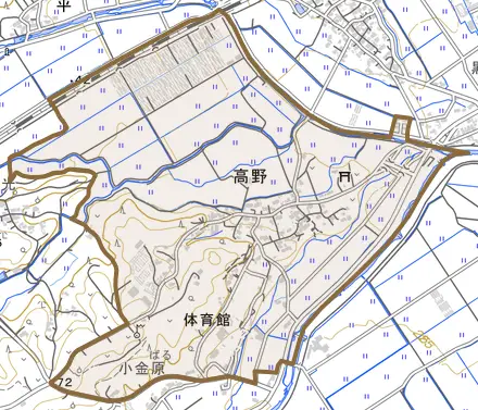 高野とその周辺の地図。町の範囲を重ねている