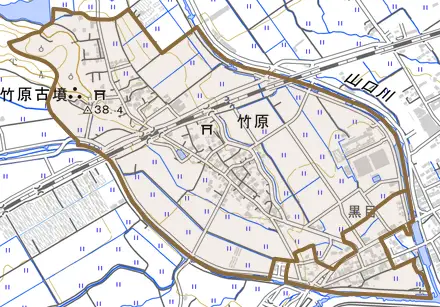 竹原とその周辺の地図。町の範囲を重ねている