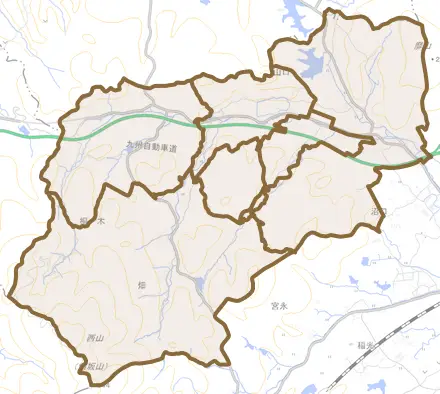山口とその周辺の地図。町の範囲を重ねている