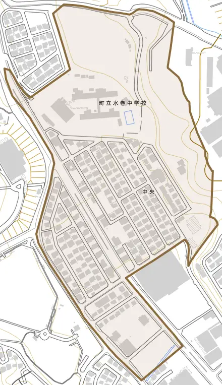 中央とその周辺の地図。町の範囲を重ねている