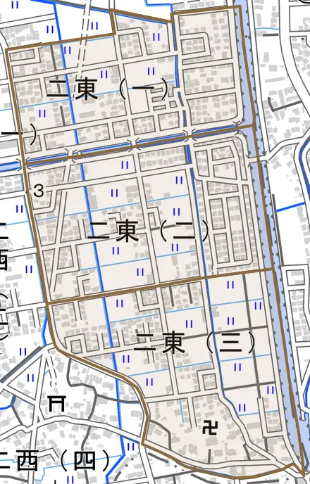 二東とその周辺の地図。町の範囲を重ねている