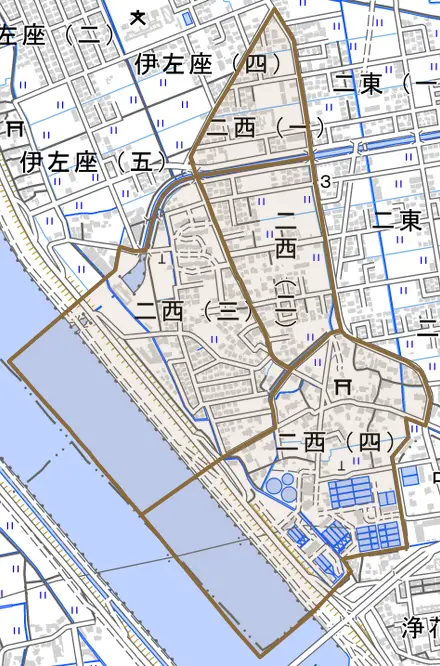 二西とその周辺の地図。町の範囲を重ねている