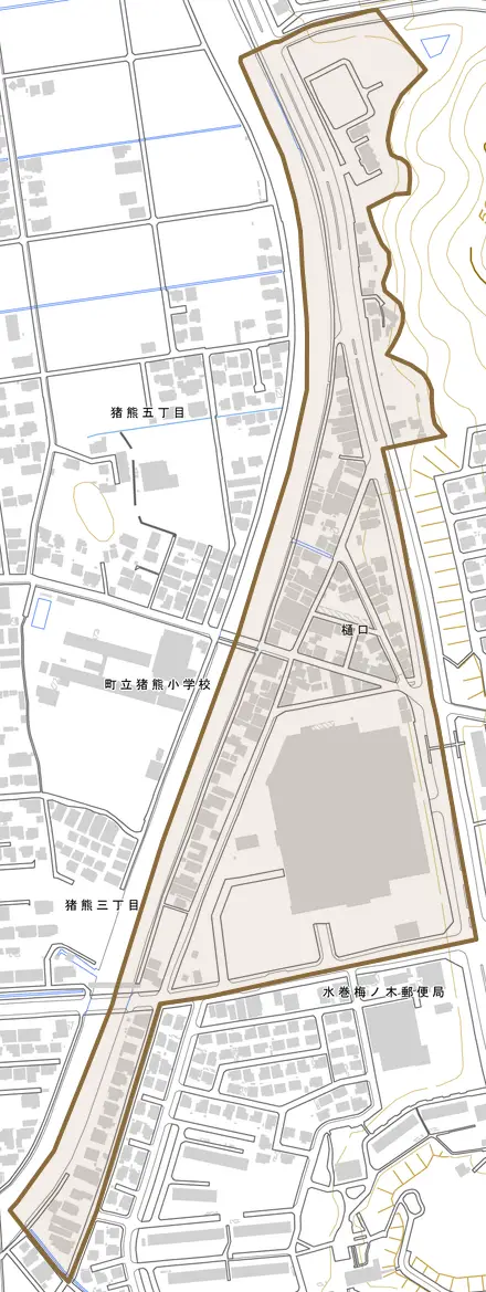 樋口とその周辺の地図。町の範囲を重ねている