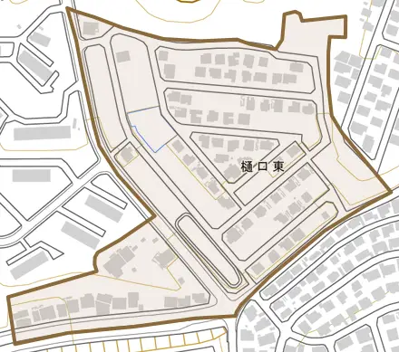 樋口東とその周辺の地図。町の範囲を重ねている