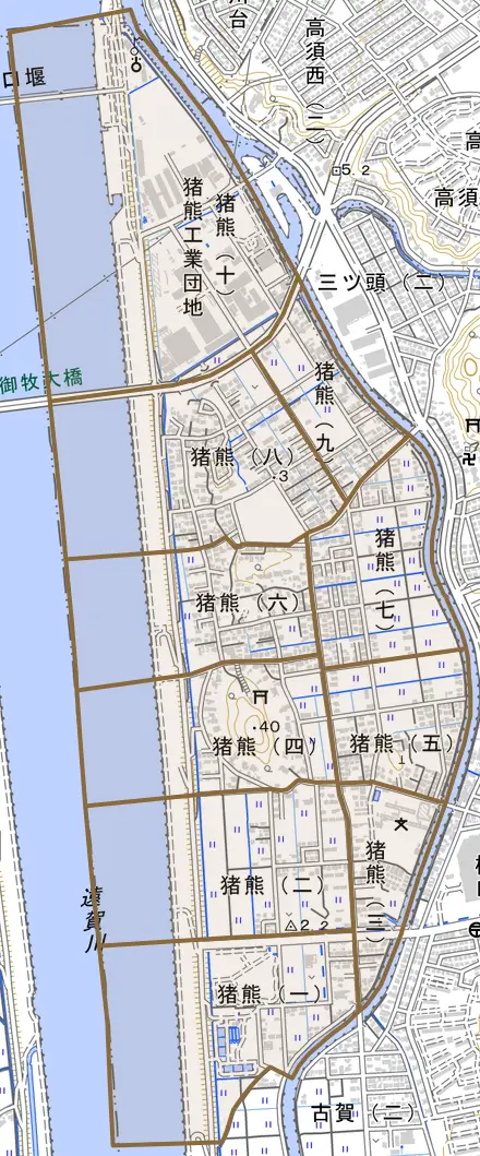 猪熊とその周辺の地図。町の範囲を重ねている