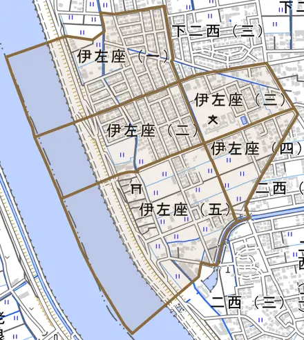伊左座とその周辺の地図。町の範囲を重ねている