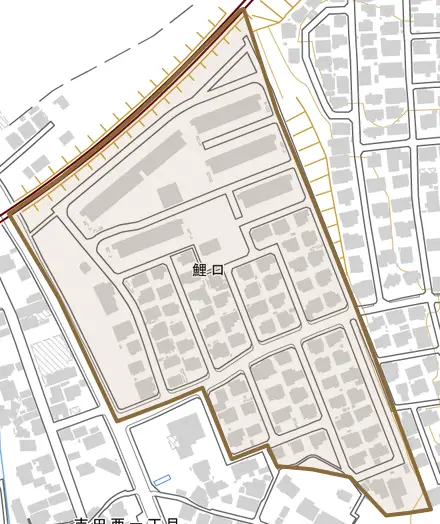 鯉口とその周辺の地図。町の範囲を重ねている