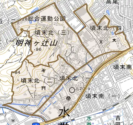 頃末北とその周辺の地図。町の範囲を重ねている