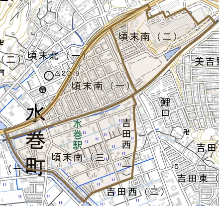 頃末南とその周辺の地図。町の範囲を重ねている