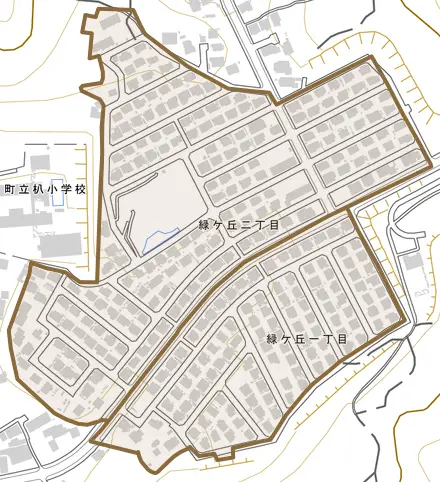 緑ケ丘とその周辺の地図。町の範囲を重ねている