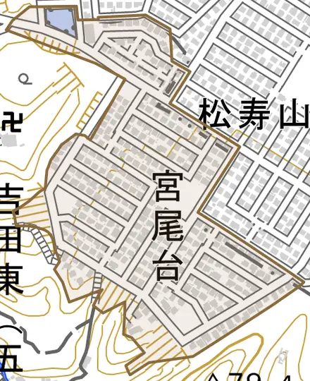 宮尾台とその周辺の地図。町の範囲を重ねている