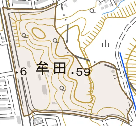 牟田とその周辺の地図。町の範囲を重ねている