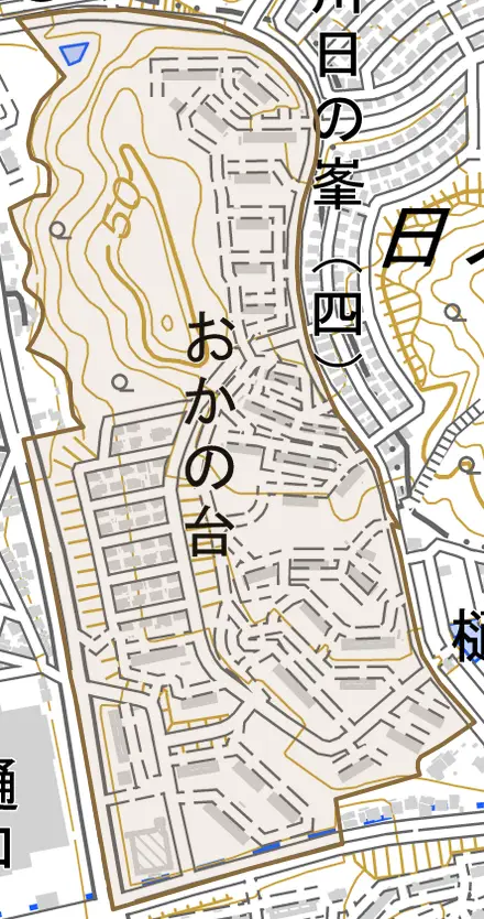 おかの台とその周辺の地図。町の範囲を重ねている