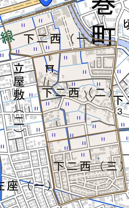 下二西とその周辺の地図。町の範囲を重ねている