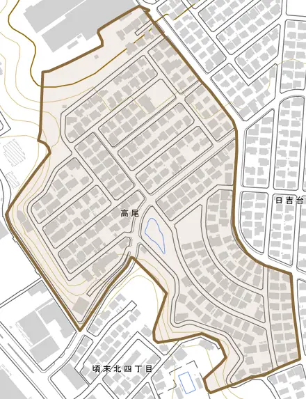 高尾とその周辺の地図。町の範囲を重ねている