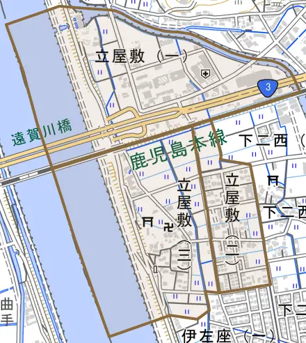 立屋敷とその周辺の地図。町の範囲を重ねている