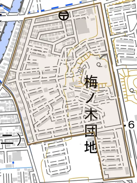 梅ノ木団地とその周辺の地図。町の範囲を重ねている